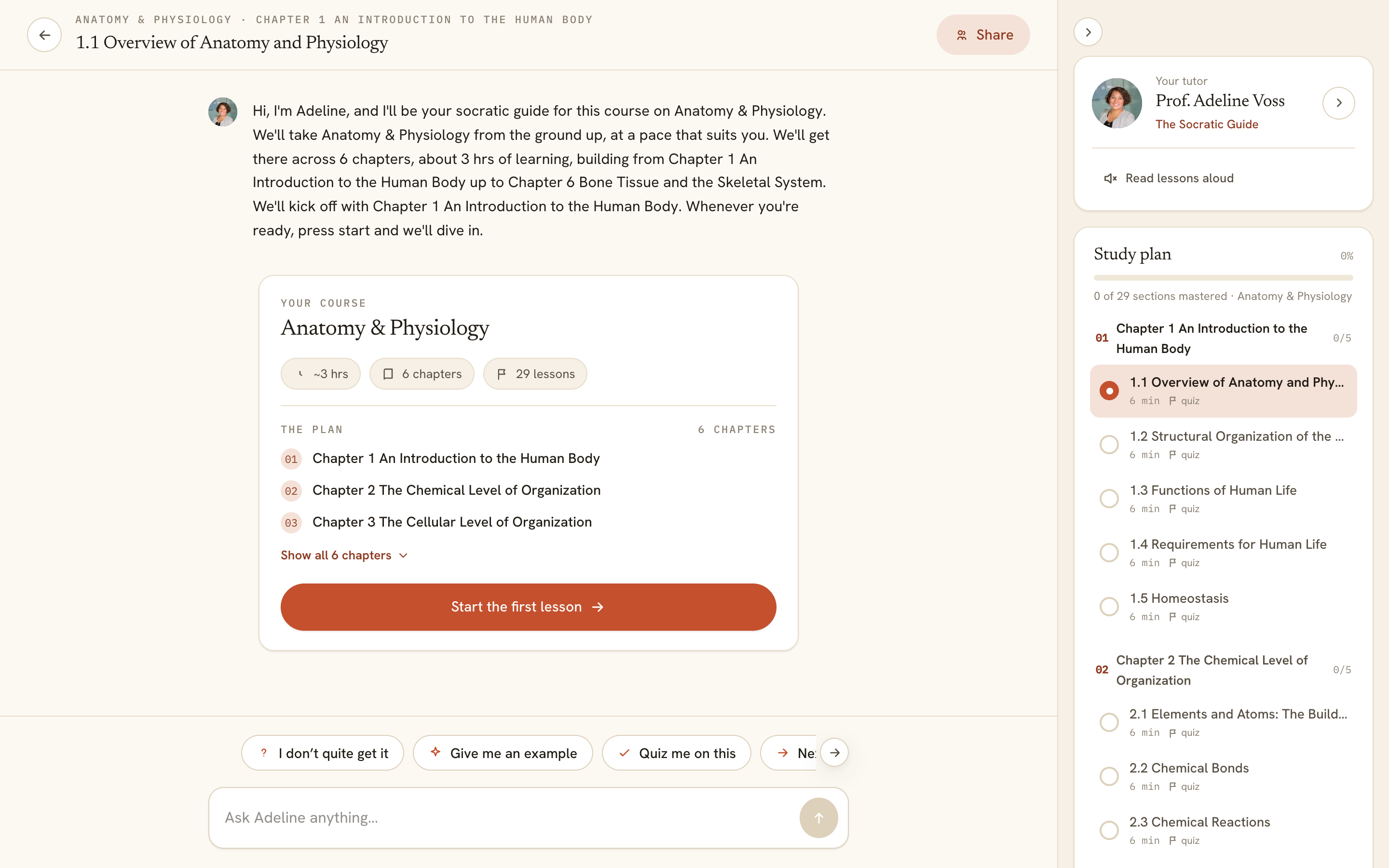 Screenshot showing the onboarding chat and the syllabus rail