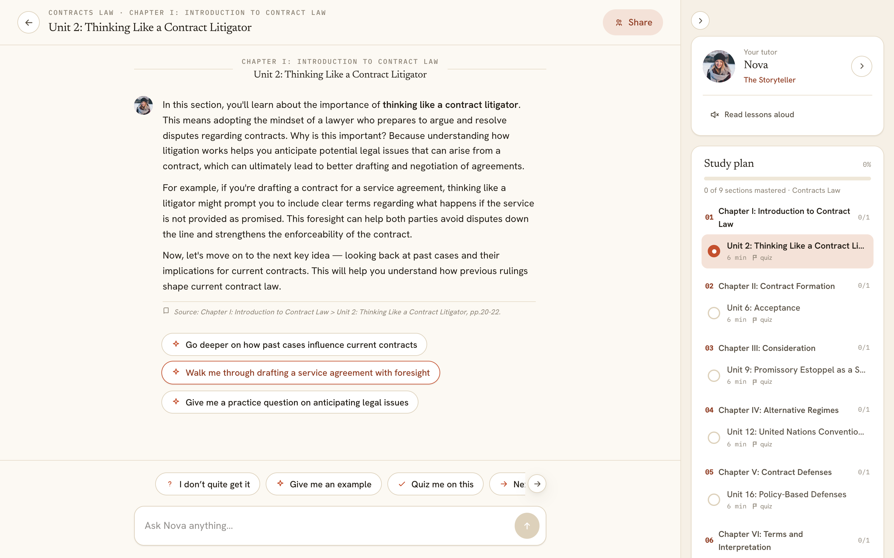 Screenshot showing a cited lesson turn with a source line