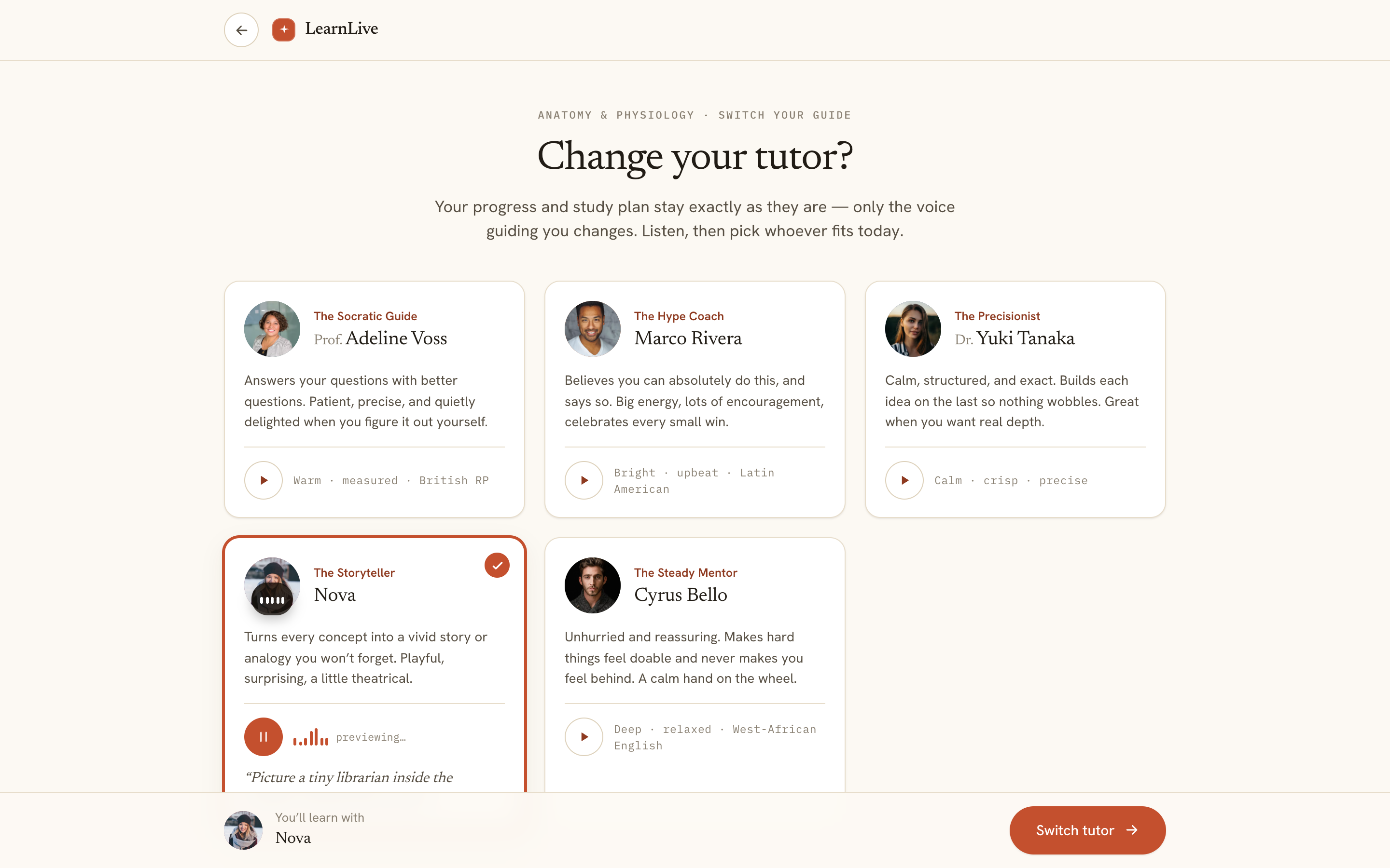 Screenshot showing the tutor picker with five personalities and voice previews